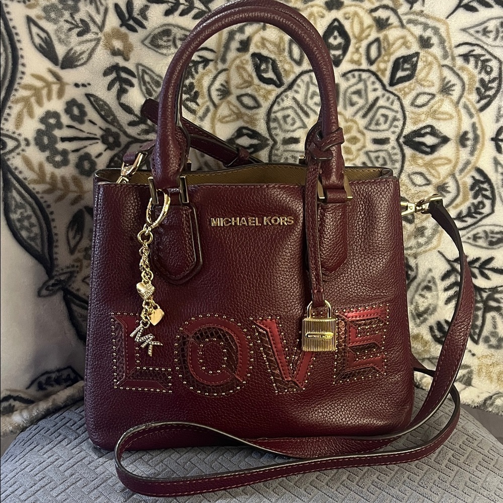 Michael Kors Love Burgundy Leather Tote/Crossbody Bag